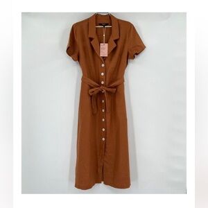 Quince Linen Button Front Dress sz M Women's Terracotta Orange Midi A-Line Belt